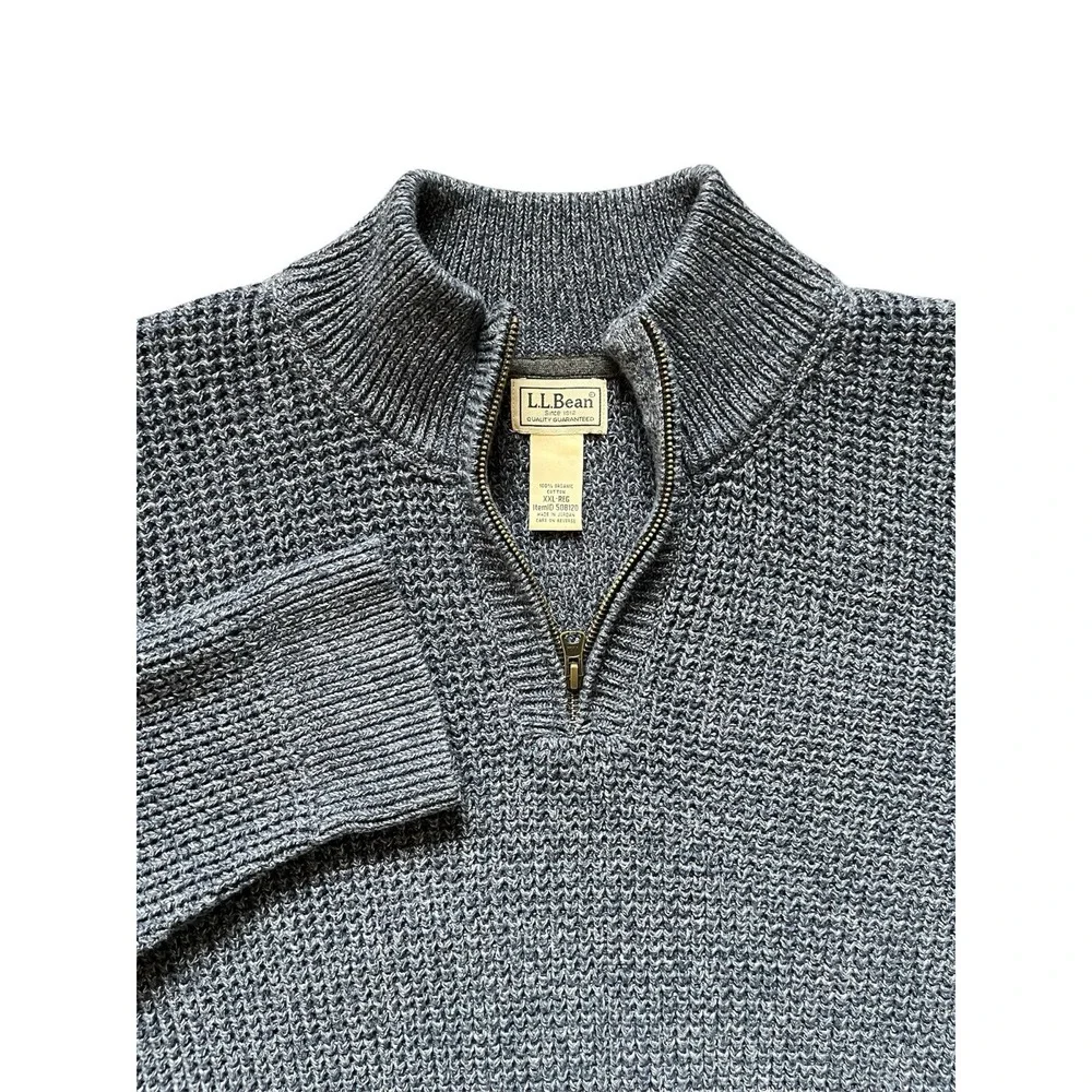 LL Bean Organic Cotton Waffle Knit 1/4 Zip Fisherman's Sweater Blue Men's XXL